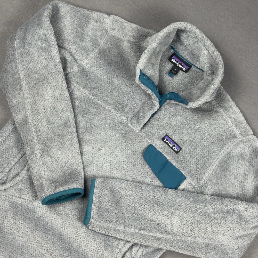 Patagonia Re-Tool Snap-T Pullover Womens Medium Gray Teal Fleece Jacket Polartec